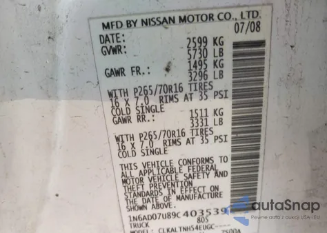 2009 Nissan Frontier Se from USA, damaged, VIN 1N6AD07U89C403539